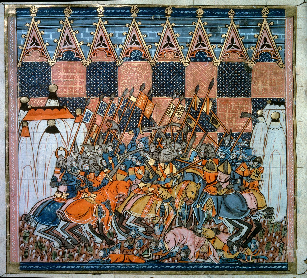 První křížová výprava: obléhání a dobytí Jeruzaléma přes přechody vedené Godefroyem de Bouillon (1058-1100) v roce 1099. Miniatura z „Chronicles d