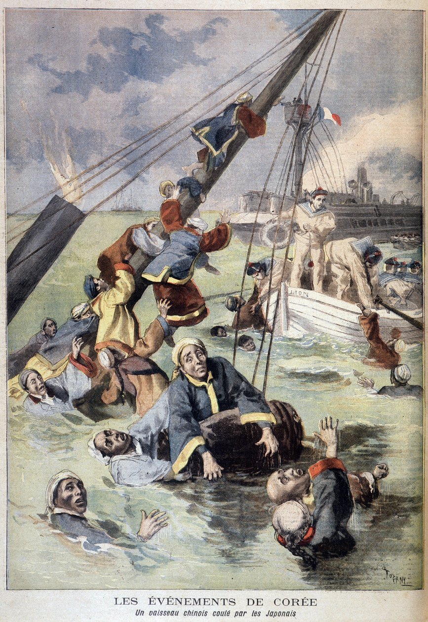 První čínsko-japonská válka - Události v Koreji: Čínská loď potopená Japonci. Ilustrace - v "Le Petit Journal" ze srpna 1894 (rytina) od Unknown artist
