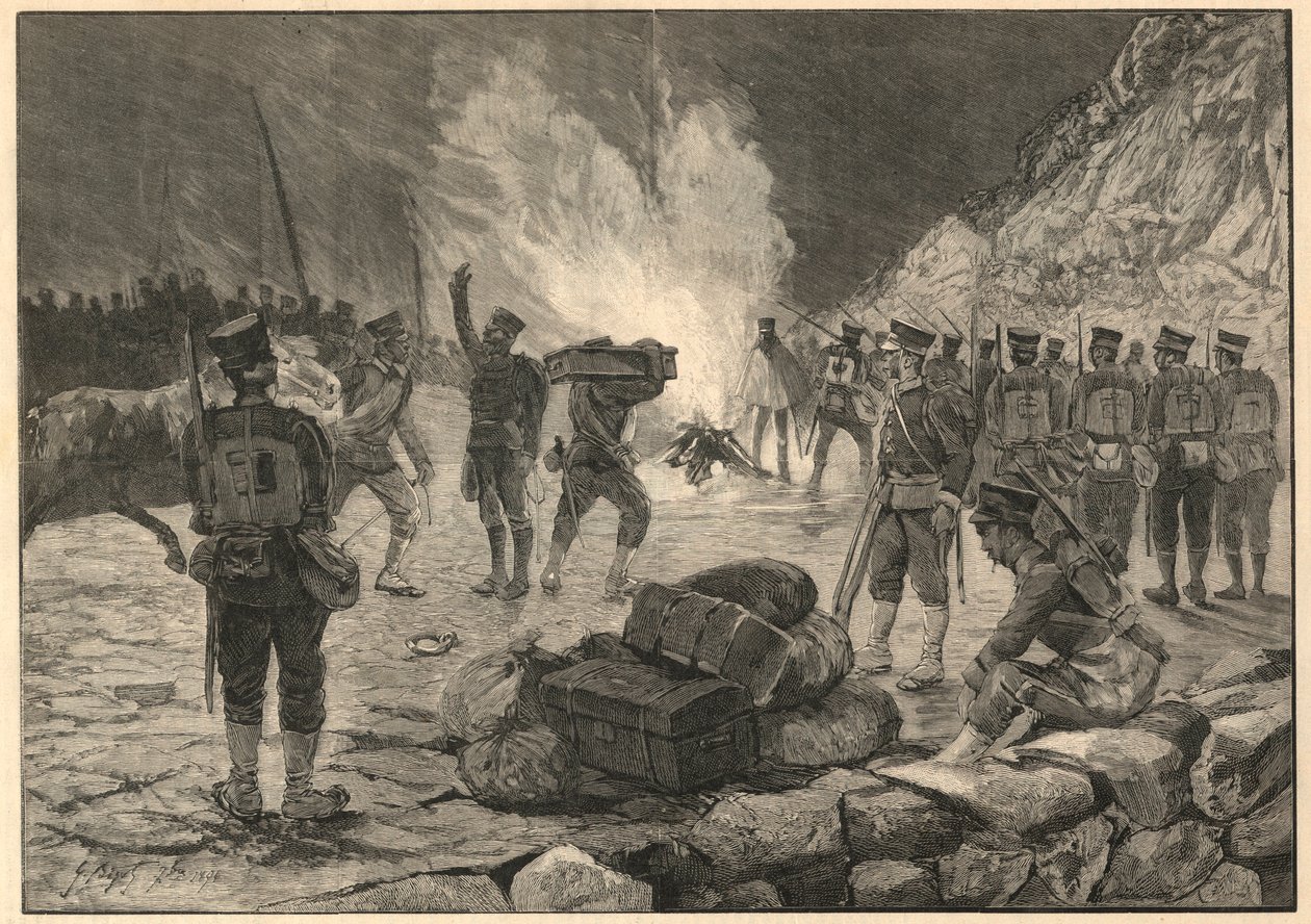 První čínsko-japonská válka - japonská čínská válka, vylodění v Chemulpo (Inchon v Koreji) v roce 1894 - rytina z roku 1894 od Unknown artist