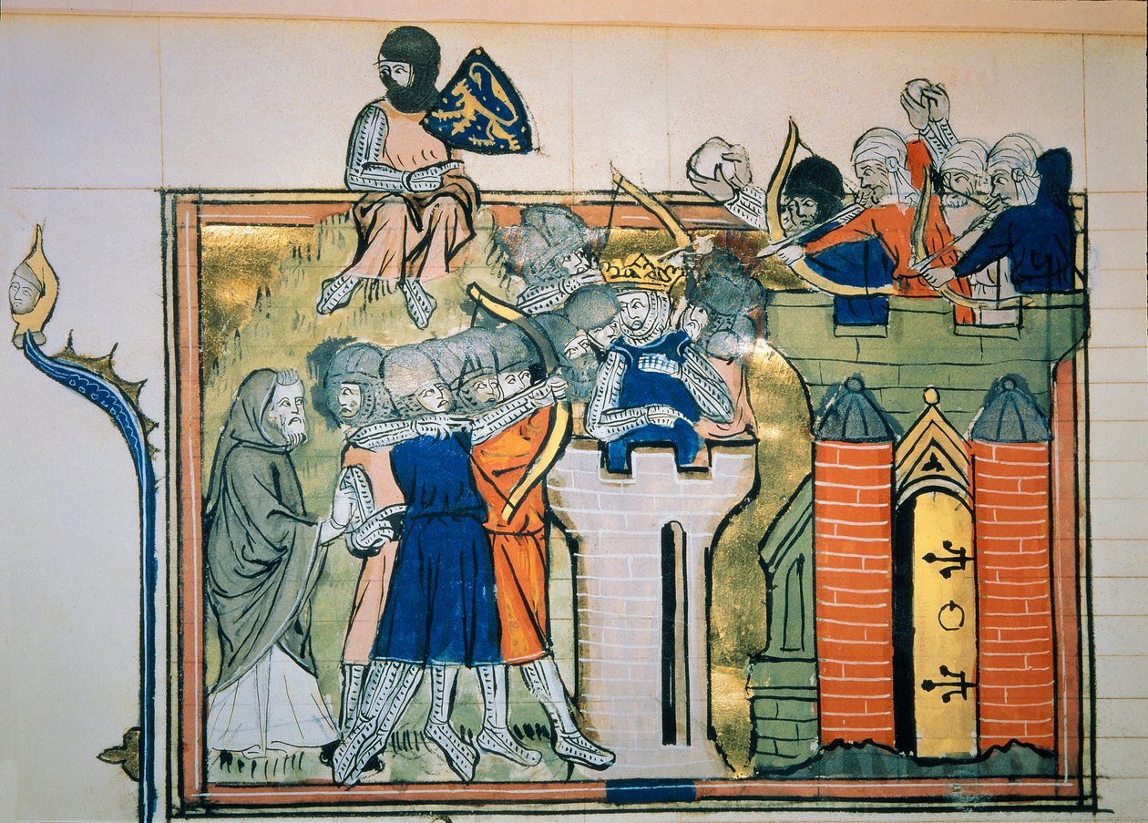 První křížová výprava: Godefroi (nebo Godefroy) z Bouillonu (1058-1100) v kulaté věži zaútočil na Jeruzalém v roce 1099. Miniatura z “” Roman De Godefroy De Bouillon et de Saladin”” od Unknown artist