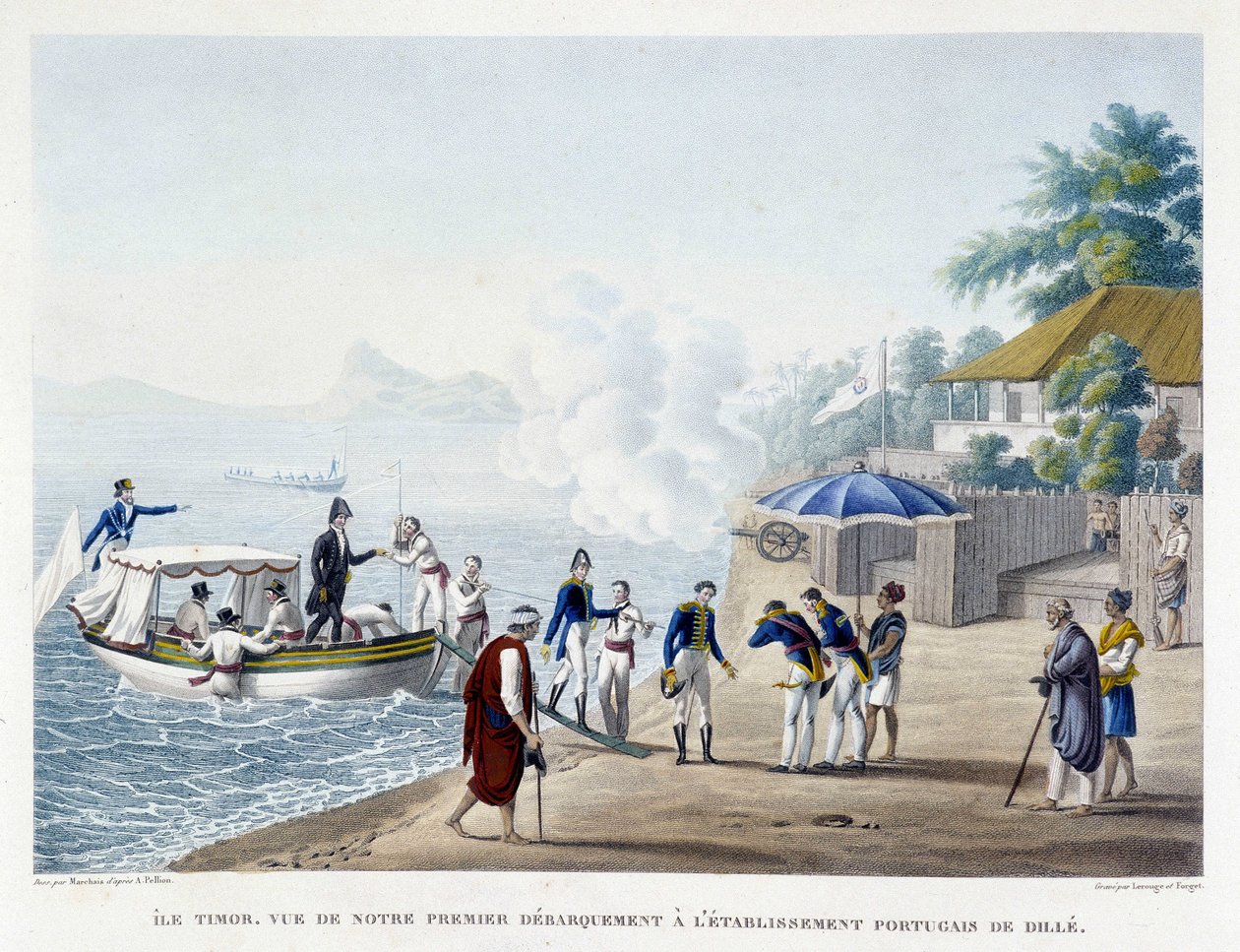 První vylodění Francouzů v portugalské osadě Dille na ostrově Timor. od Unknown artist