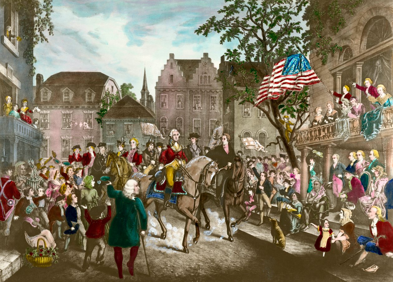 První americká válka za nezávislost: George Washington (1732-1799) triumfální vstup do New Yorku po anglické porážce od Unknown artist