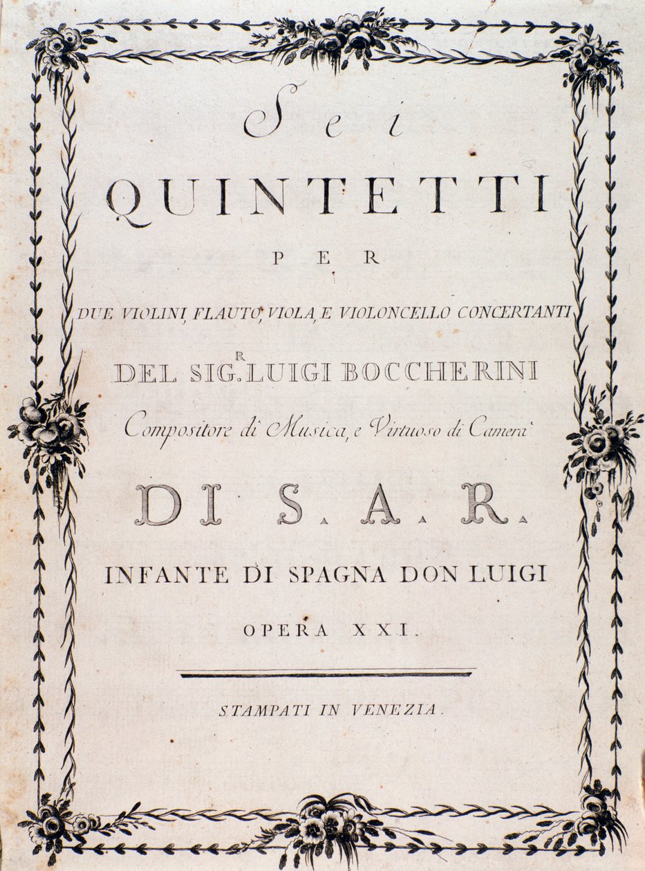 První strana partitury "" Šest kvintetů pro dvoje housle, flétnu a violoncello "" od Luigiho Boccheriniho od Unknown artist