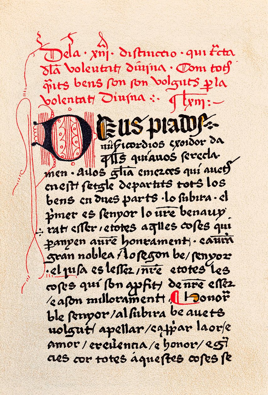 První strana vydání „Knihy kontemplace o Bohu“ (Osvobození od kontemplace o Bohu) katalánský filozof a mystik Ramon Llull (Raymond Lulle). od Unknown artist