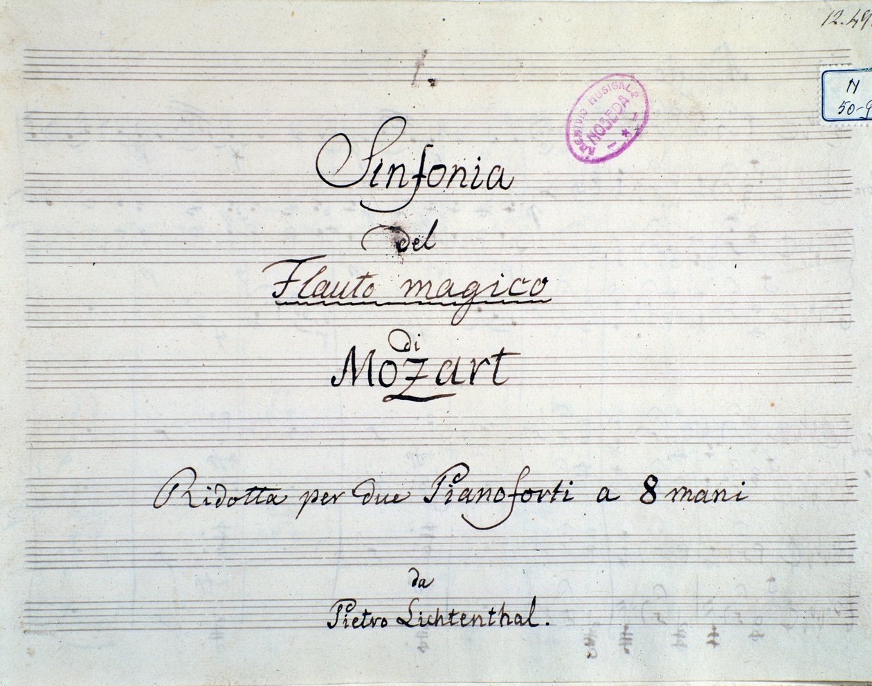 První strana symfonické partitury redukována na dva klavíry a osm rukou Die Zauberflote, Mozartova opera, verze Lichtenthal (19. století) od Unknown artist