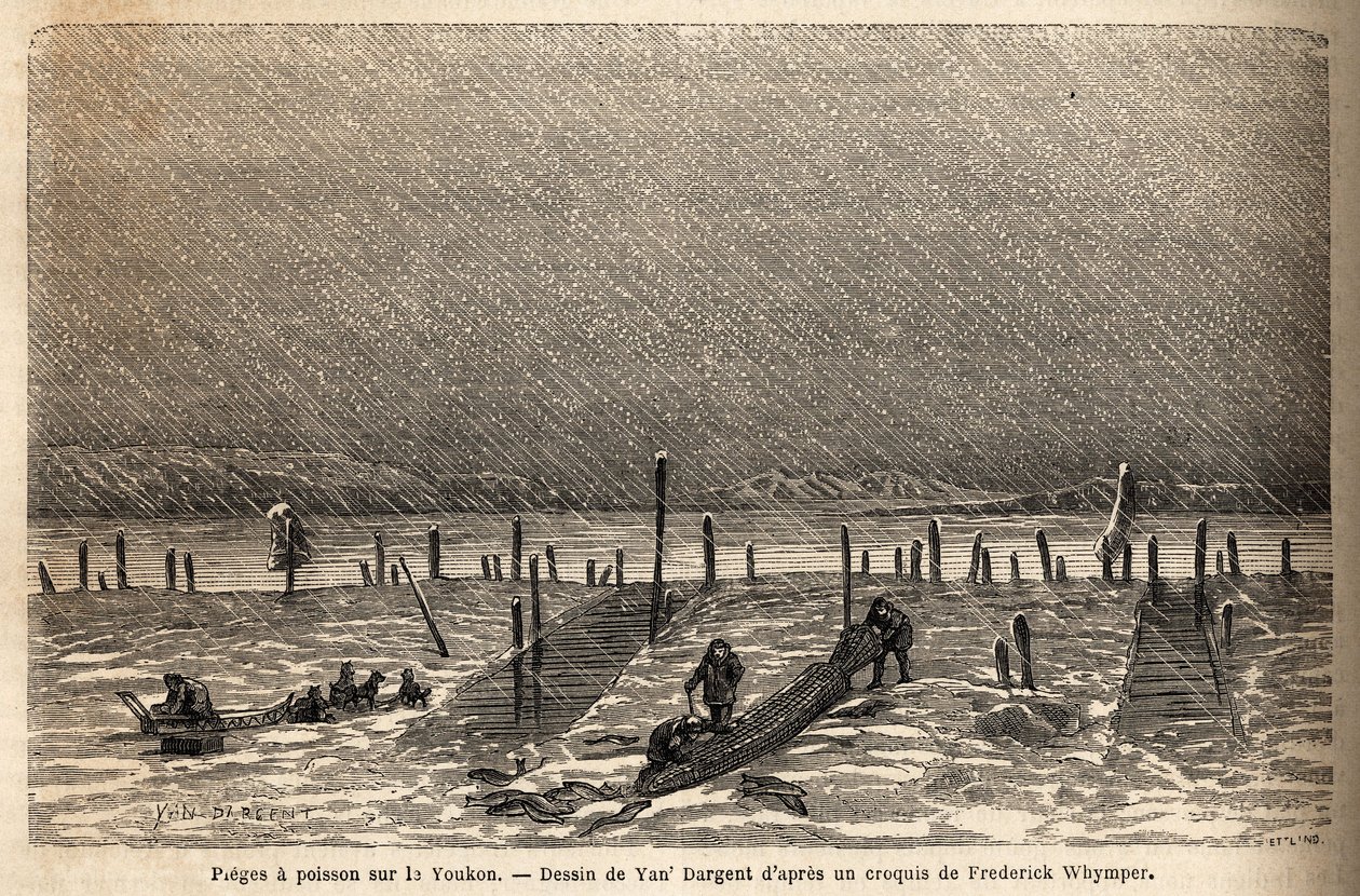 Pasti na ryby, umístěné na březích řeky Yukon (extrémní severní Kanada). Rytina pro ilustraci plavby a dobrodružství v anglické Kolumbii, na ostrově Vancouver a na Aljašce, Frederick Whymper od Unknown artist