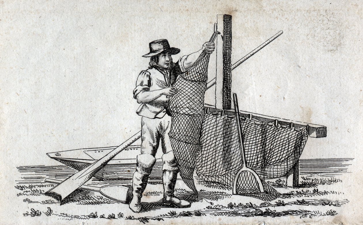 Rybář a síť na ryby. Jemná rytina 18. století. Soukromá sbírka. od Unknown artist