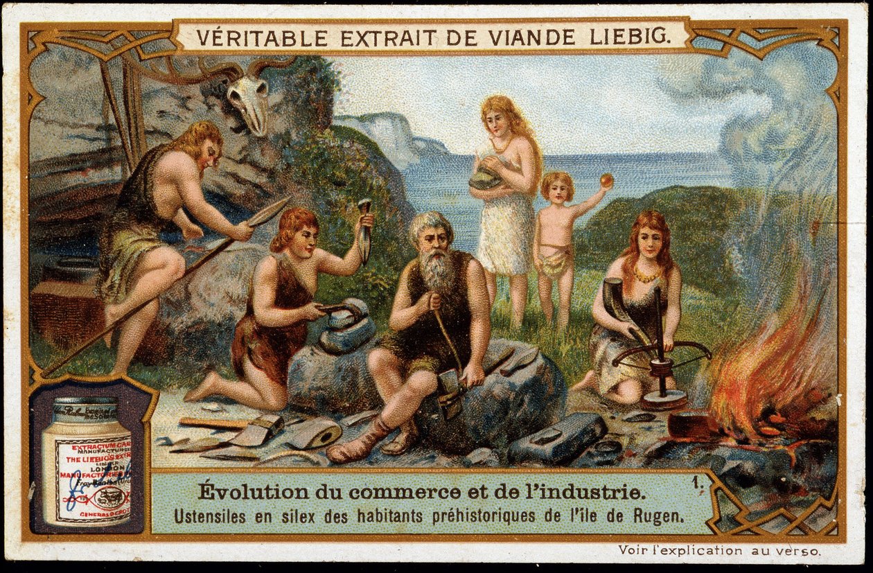 Pazourek náčiní pravěkých obyvatel Rujána - reklamní etiketa Liebig od Unknown artist