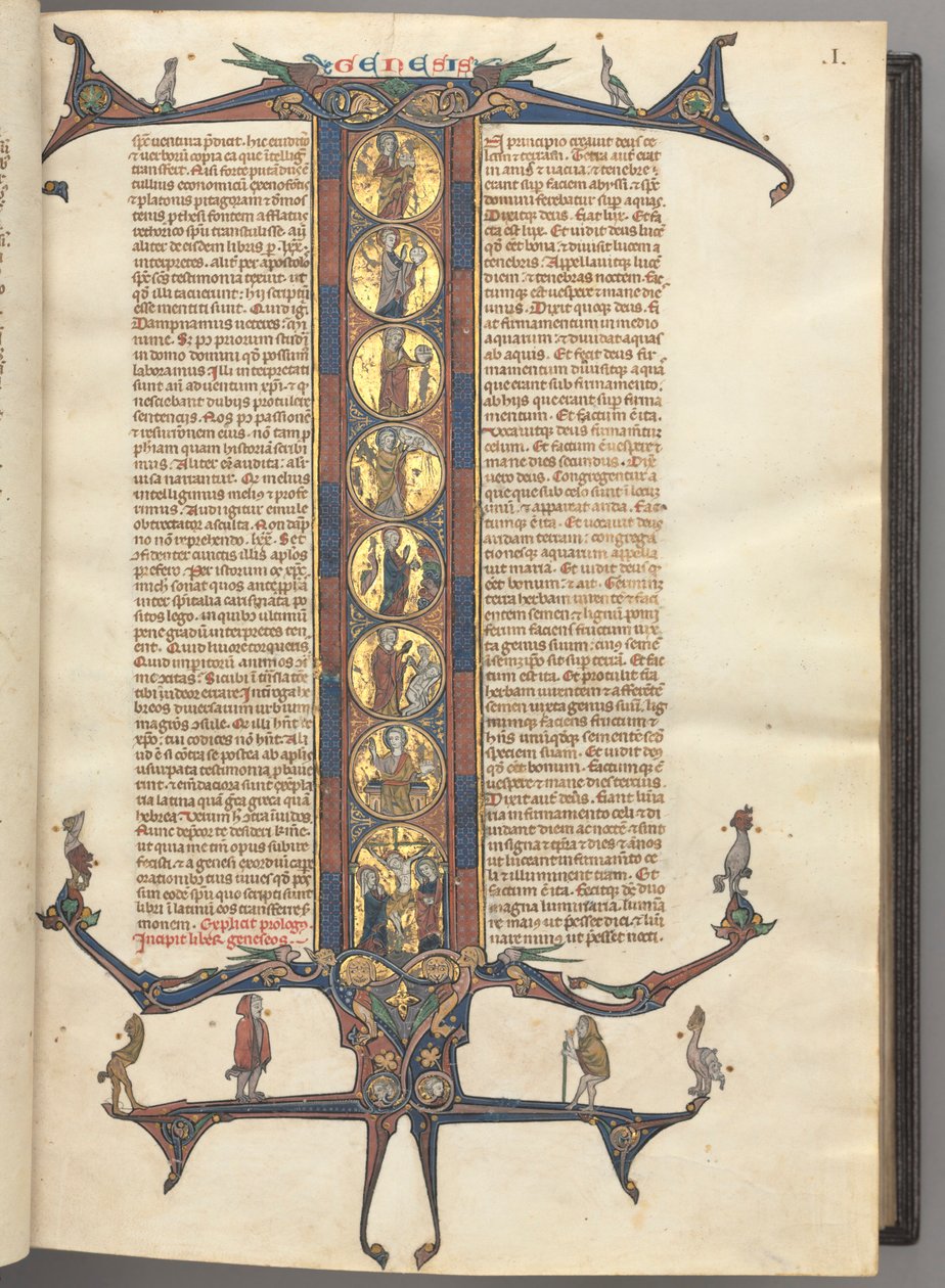 Fol. 1r, Genesis, s celoplošnou historizující iniciálou I, zobrazující Stvoření světa a Ukřižování, vše na leštěném zlatém podkladu, s růžovými a modrými diaperovanými rámečky a nahoře a dole s hrotitými dračími a listovými nástavci, na nichž sedí var. od Unknown artist