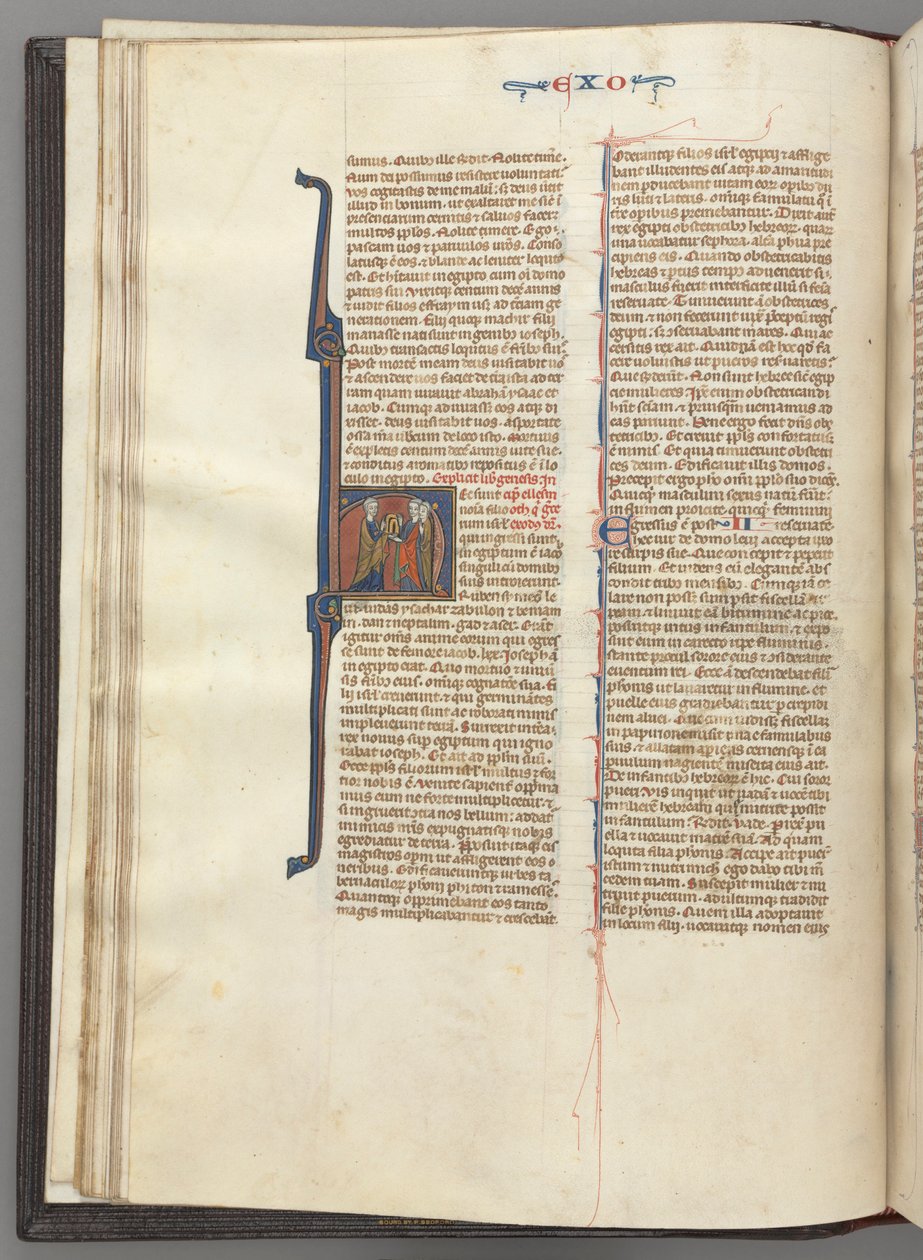 Fol. 20v, Exodus, historizující iniciála H, Mojžíš a dva následovníci s deskami zákona. od Unknown artist