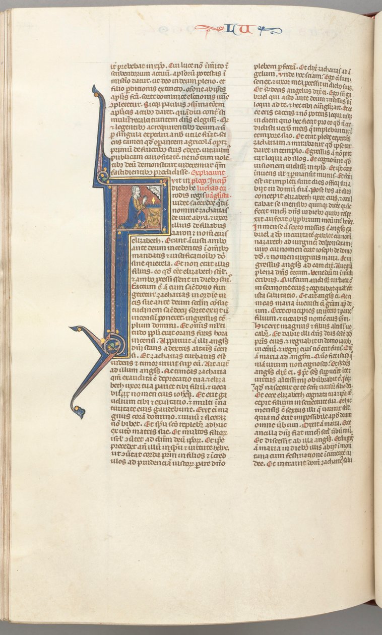 Fol. 412v, Lukáš, historizovaná iniciála F, Lukáš se modlí u oltáře, nad ním busta Boha od Unknown artist