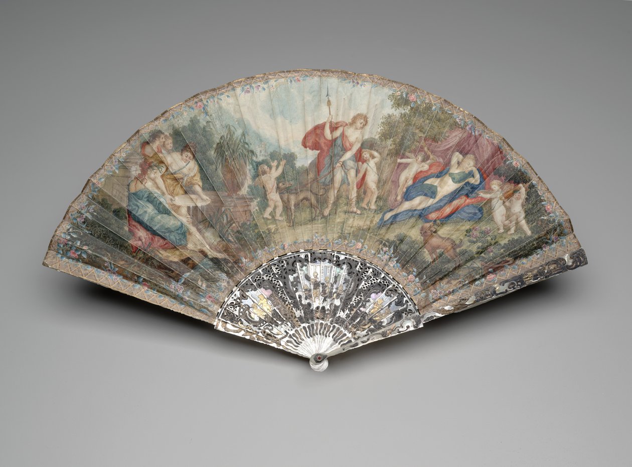Skládací vějíř s „Adonisem vedeným Cupids to Venus“ podle Francesca Albaniho, držák kolem 1720-1730, záštity a tyče kolem 1740-1750 (kvaš a akvarel na dvojitém pergamenovém listu, perleť, zlacení a pastový drahokam ) od Unknown artist