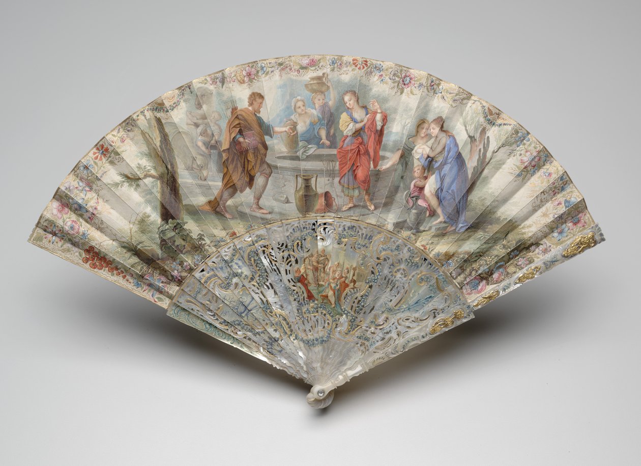 Skládací ventilátor s Rebeccou a Eliezerem u studny, kolem 1740 od Unknown artist
