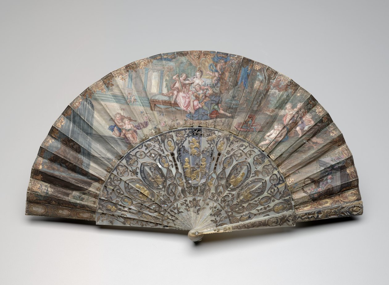 Skládací vějíř s "Rinaldo a Armida," podle Françoise Bouchera, kolem 1734-50 (kvaš a w/c na dvojitém pergamenu a papírovém listu, perleť, zlacení a vložené drahokamy) od Unknown artist