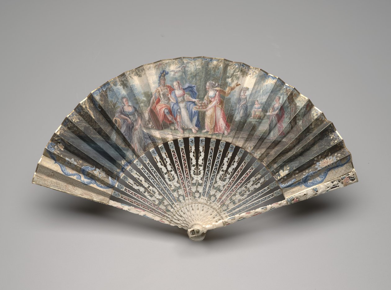 Skládací vějíř s klasickým námětem, možná alegorie manželství, cca 1750-60 léta (kvaš na jediném pergamenovém listu, slonovina, zlacení, kvaš a mosaz) od Unknown artist