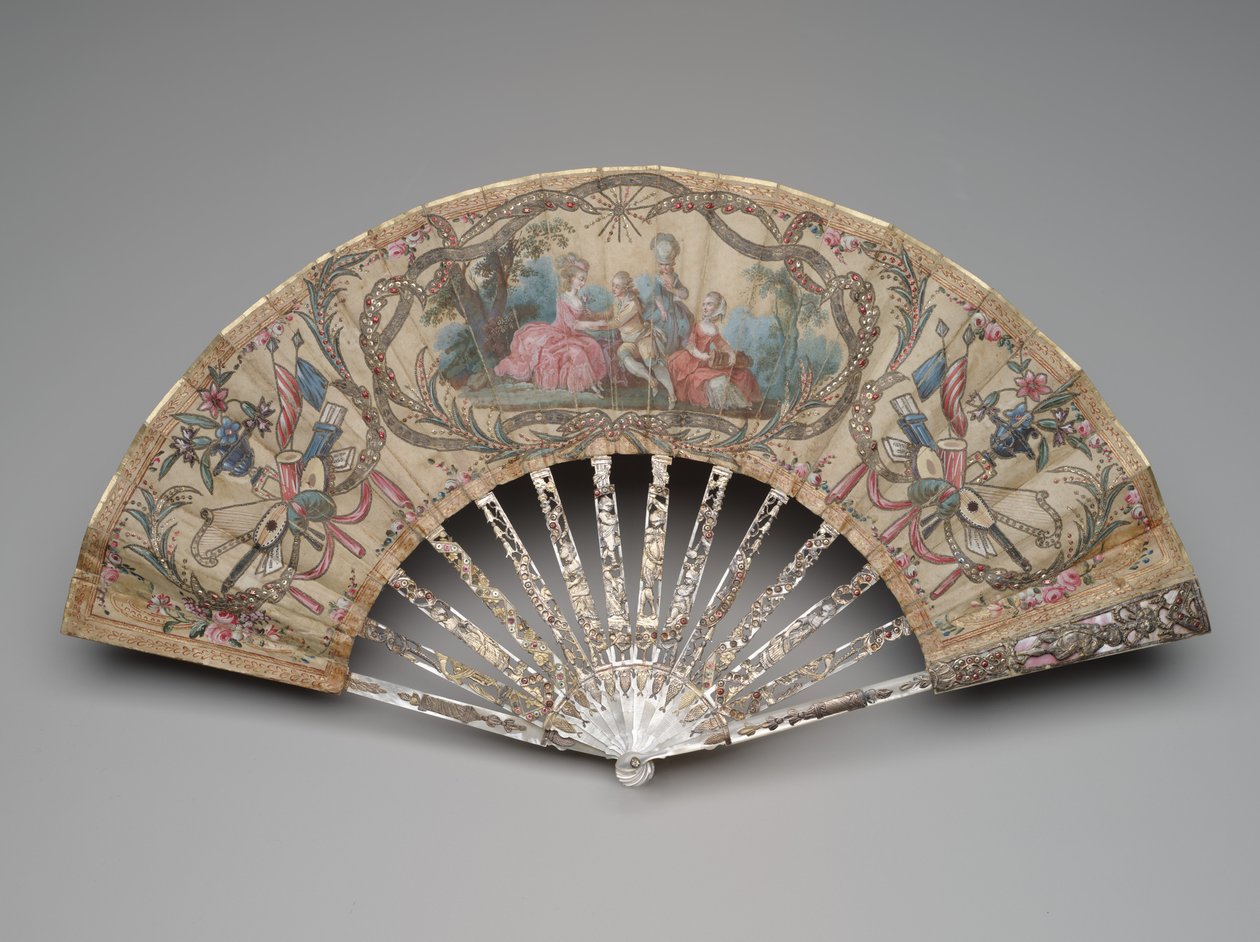 Skládací vějíř s dvořením a hudebními trofejemi, cca 1770-80s od Unknown artist