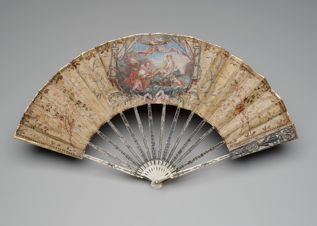 Skládací vějíř se Zrozením Venuše, cca 1770-80s (kvaš na jednom hedvábném listu, sláma, mosaz, kovová nit, kost, zlacení, perleť a drahokamy z pasty) od Unknown artist