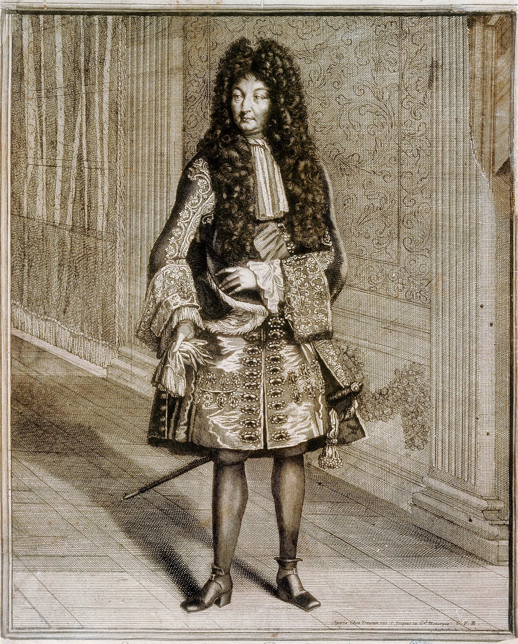 Nožní portrét krále Ludvíka XIV., známého jako Král Slunce (1638-1715). 18. století rytina. Národní knihovna v Madridu. od Unknown artist