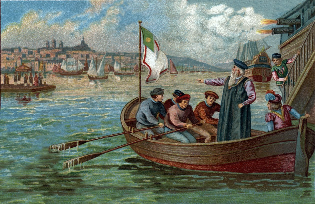 Bývalá nákupní centra: návrat Vasco de Gama (1469-1524), portugalského mořeplavce do Porta v Portugalsku. Chromolitografie konce 19. století od Unknown artist
