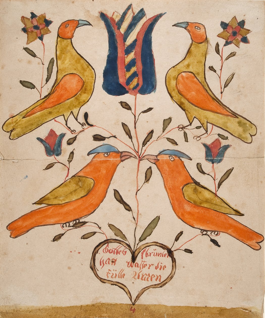 Čtyři ptáci, tulipán a srdce od Unknown artist
