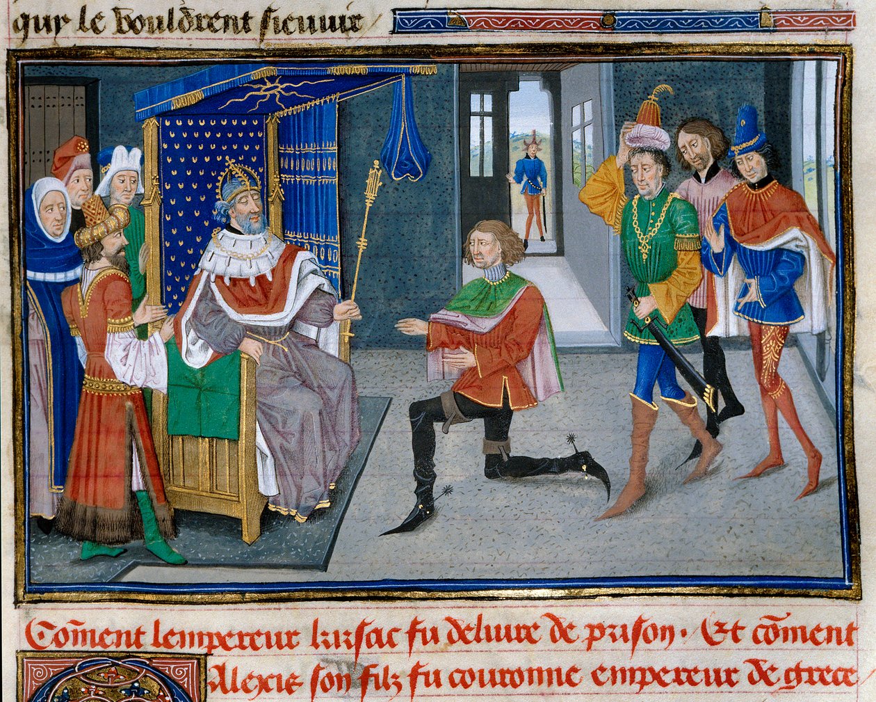 Čtvrtá křížová výprava: reprezentace Alexise IV Angel (1182-1204) je císařskou korunou vedle svého otce Izáka II. poté, co se mu v roce 1203 podařilo dostat ho z vězení. Miniatura z „“ Chronicle abregee“ od Davida Auberta od Unknown artist