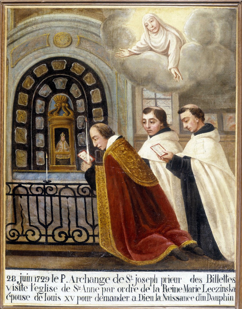 P. Archanděl svatého Josefa, převor Billettes, navštěvuje kostel svaté Anny na příkaz královny Marie Leszczynské, manželky Ludvíka XV., aby požádal Boha o narození delfína, 28. června 1729 - Ex-Voto Sainte Anne d