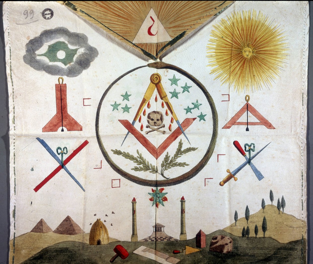 Franc-Maconnerie: makonské emblémy na zástěře makona řádu francouzského obřadu z 18. nebo 19. století. Archivio di Stato z Milána od Unknown artist