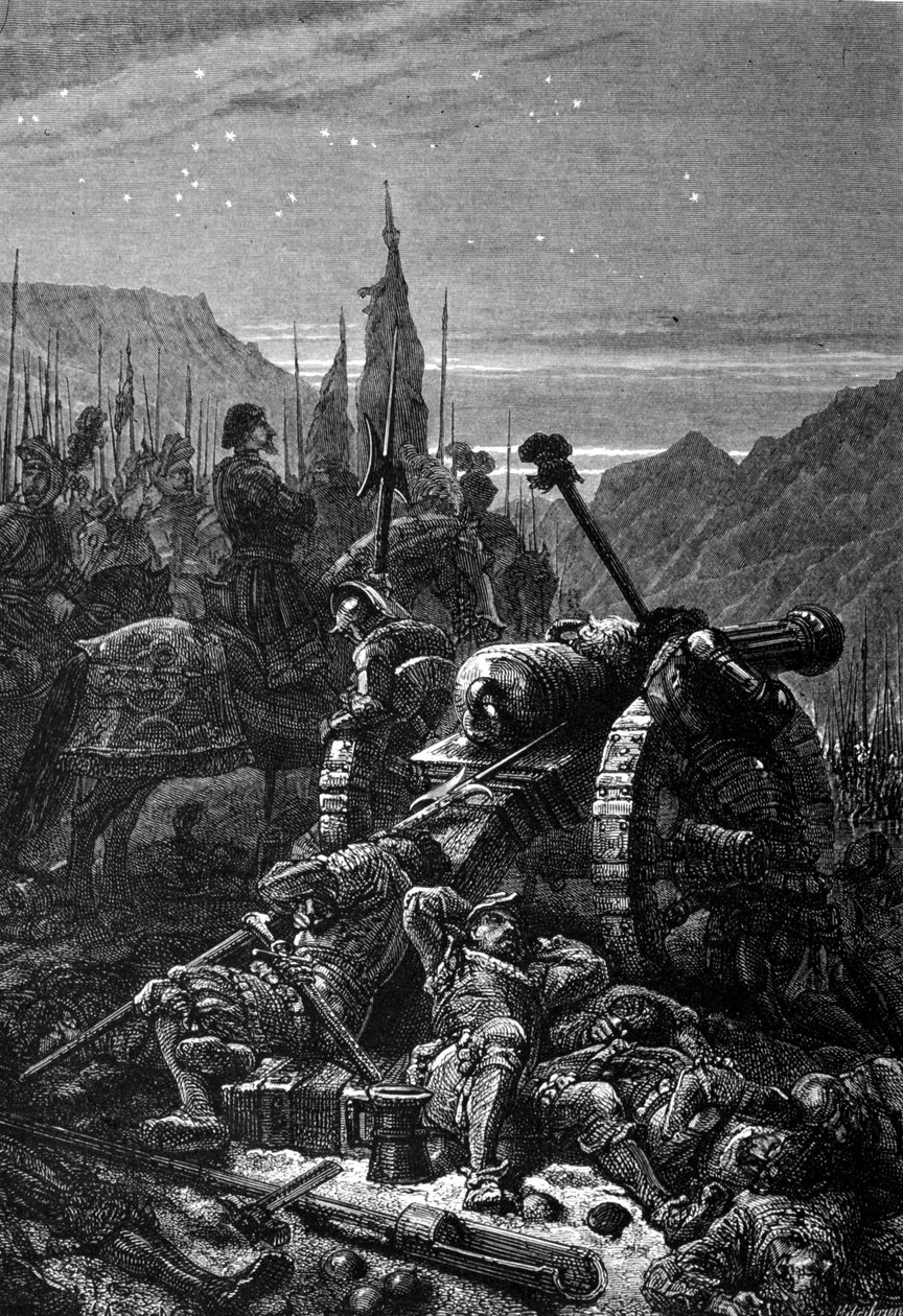 František I. (1494 - 1547) zůstal v sedle noc před bitvou u Marignanu, září 1515. Rytina 19. století. od Unknown artist