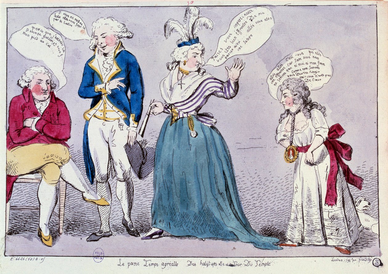 Francouzská revoluce: Kreslený film proti rodině královny Marie Antoinetty (1755-1793) a Ludvíka XVI. zavřených ve věznici Temple. Královna a králova sestra Madame Elisabeth se hádají pod očima ostatky krále. Jejich slova jsou napsána v bublinách od Unknown artist