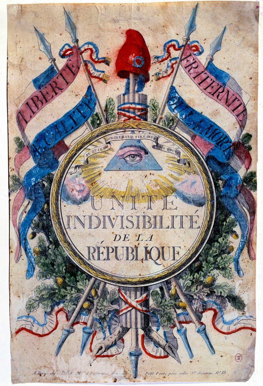 Francouzská revoluce: „“ Liberte, rovnost, bratrství nebo smrt. Spojte nedělitelnost republiky“, revoluční symboly od Unknown artist