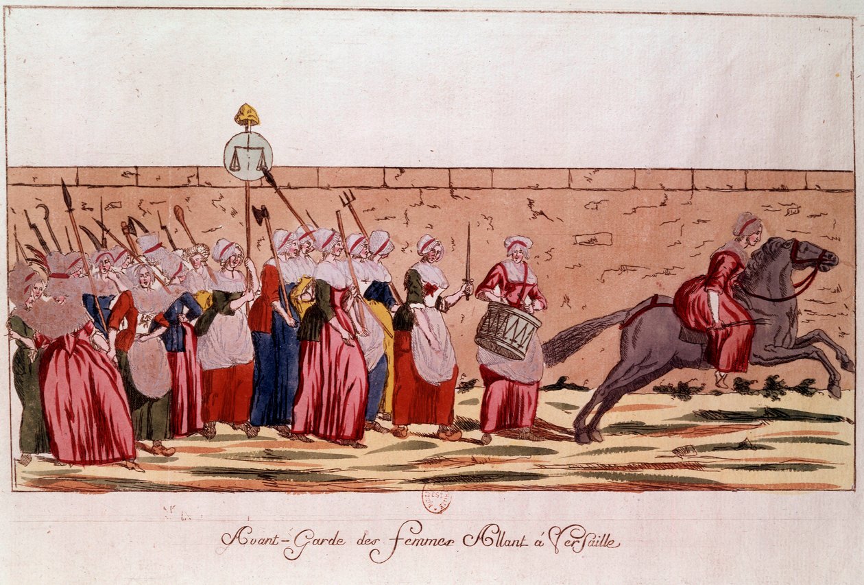 Francouzská revoluce 1789: avantgarda des femmes jde do Versailles dne 5. října 1789. Rytina z 18. století. Paříž, B. N. od Unknown artist