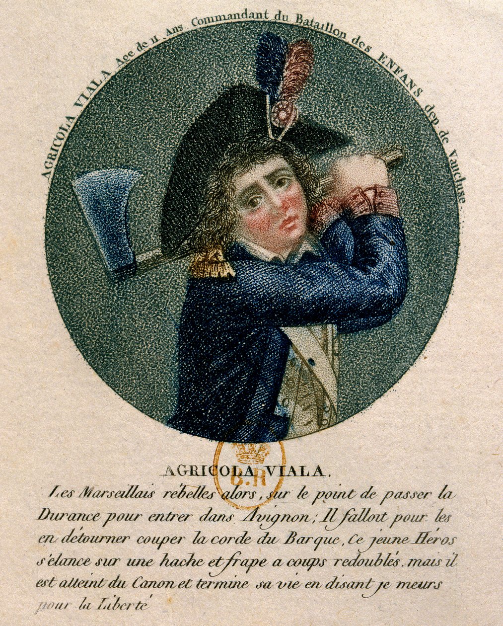 Francouzská revoluce: portrét mladého Josepha Agricol Viala (1780-1793), který se zúčastnil povstání v Marseille v roce 1793. Je to představitel držící sekeru. Paříž 18. století, B.N od Unknown artist