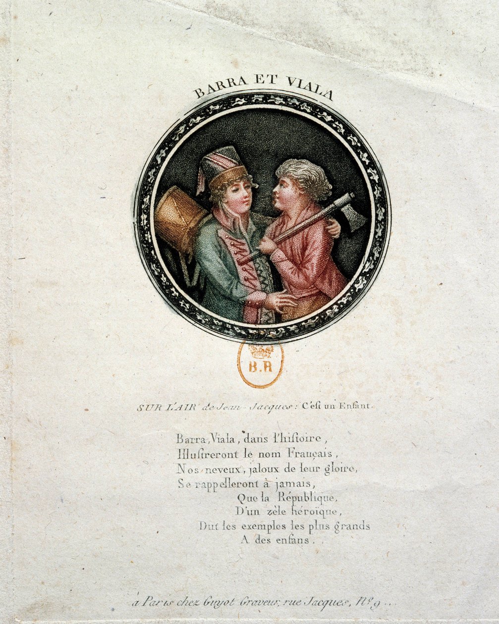 Francouzská revoluce: zastoupení Barra a Viala. Joseph Agricol Viala (1780-1793) a Joseph Bara (1780-1793), děti hrdinů Francouzské revoluce, kteří bojovali v Marseille a ve Vendee za Republiku. Rytina 18. století od Unknown artist