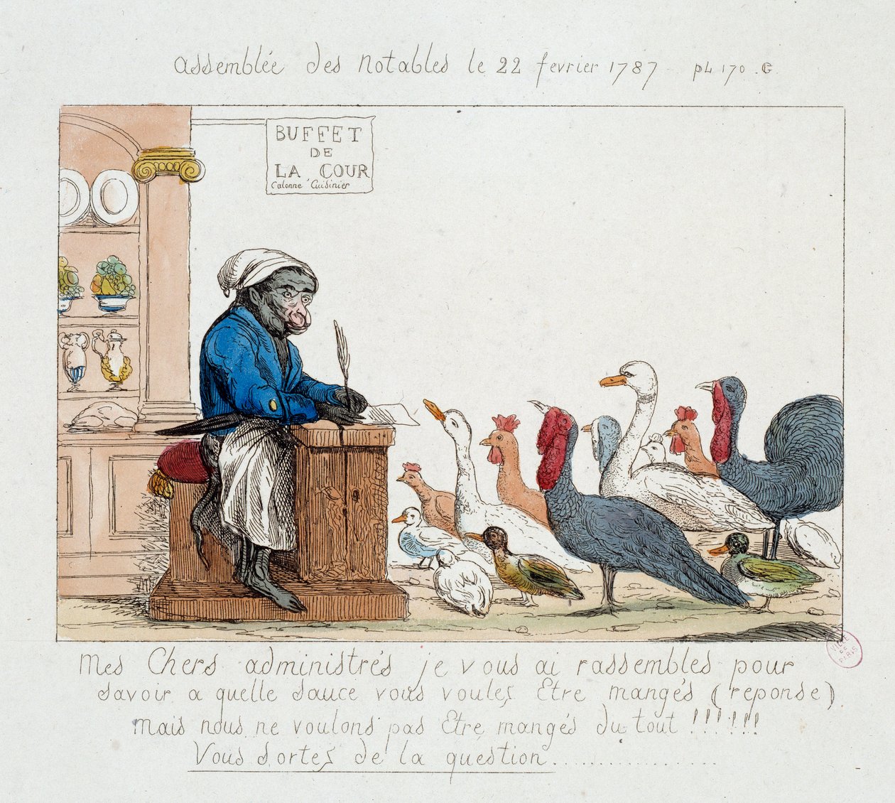 Francouzská revoluce: “” the Assembllee des notables du 22 February 1787”” Karikatura představující krále Ludvíka XVI. v opičí kuchařce předsedající shromáždění složenému z krůt, slepic, hus a krůt. Kresba 18. století. Pařížské Musée Carnavalet od Unknown artist