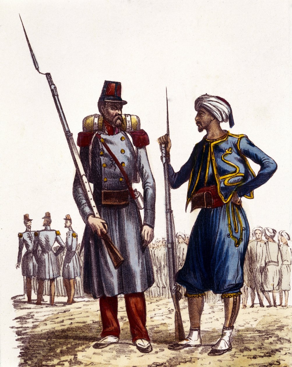 Francouzská vojenská uniforma: Vlevo cizinecká legie zformovaná a vyslaná do Alžírska v roce 1831. Vpravo domorodí jezdci, vycvičení a posláni do Alžírska v roce 1841. V L