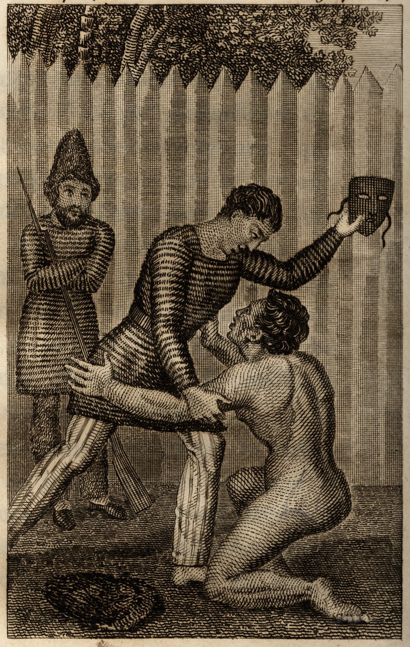 Pátek je vhozen do náruče Robinsona Crusoe, rytina vložena do „Les aventures de Robinson Crusoe“ od Daniela Defoe od Unknown artist