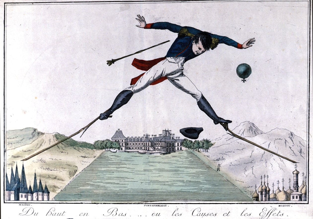 Shora dolů... aneb příčiny a následky. Karikatura o abdikaci Napoleona I. do Fontainebleau po španělské válce a ruském ústupu. 1814. Milán od Unknown artist