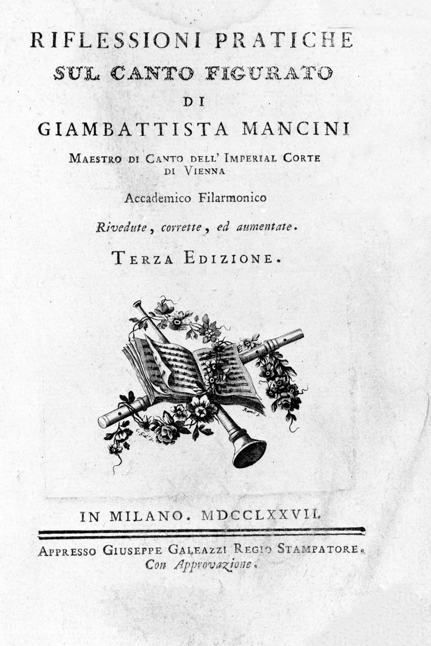 Frontispice de “” Myšlenky a praktické úvahy o figurativním zpěvu “” “ od italského písňového teoretika a kastráta Giovanniho Battisty Manciniho (1716 - 1800). 1777. od Unknown artist
