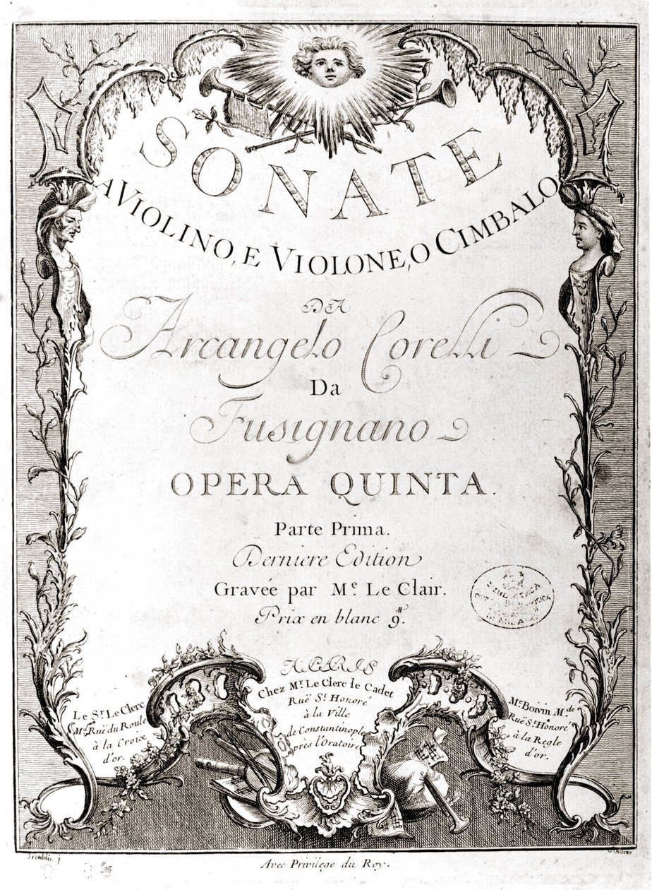 Frontispice 12 sonát pro housle, bas a cembalo od Arcangela Corelliho (1653 - 1713). Francouzská verze. od Unknown artist