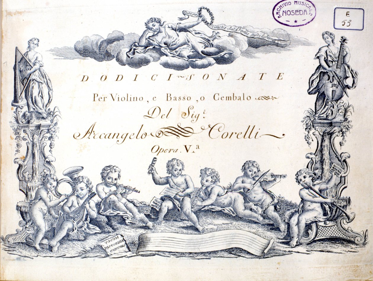 Frontispice 12 sonát pro housle, bas a cembalo od Arcangela Corelliho (1653 - 1713). od Unknown artist