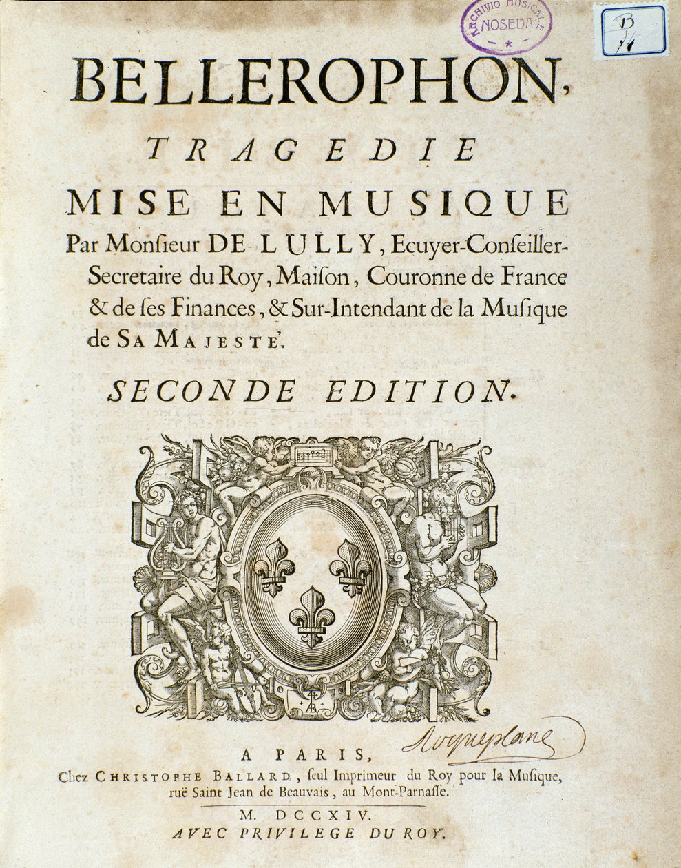 Frontispis „“ Bellerophon „“ Lyrique tragédie o pěti jednáních s prologem Jeana Baptista Lullyho (Giovanni Battista Lulli) (Jean-Baptiste) (1632-1687). 1714. od Unknown artist