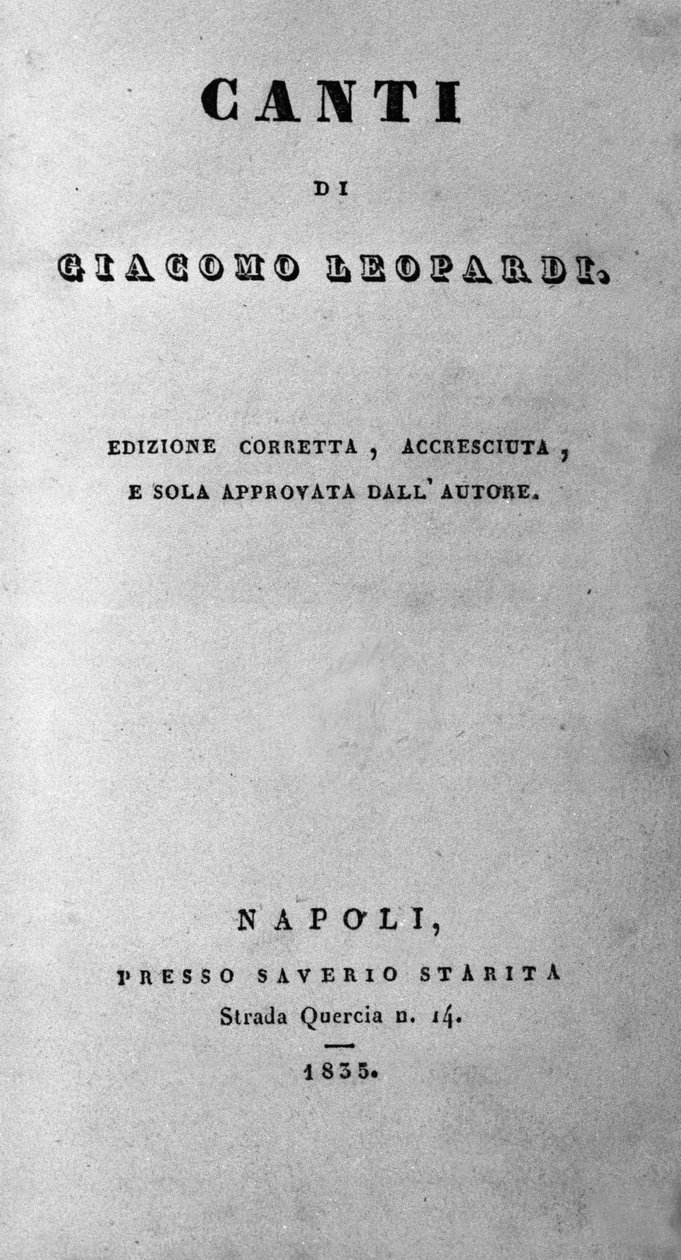 Frontispice of "" Canti "" (zpěvy) od italského básníka Giacoma Leopardiho (1798 - 1837) 1835 od Unknown artist