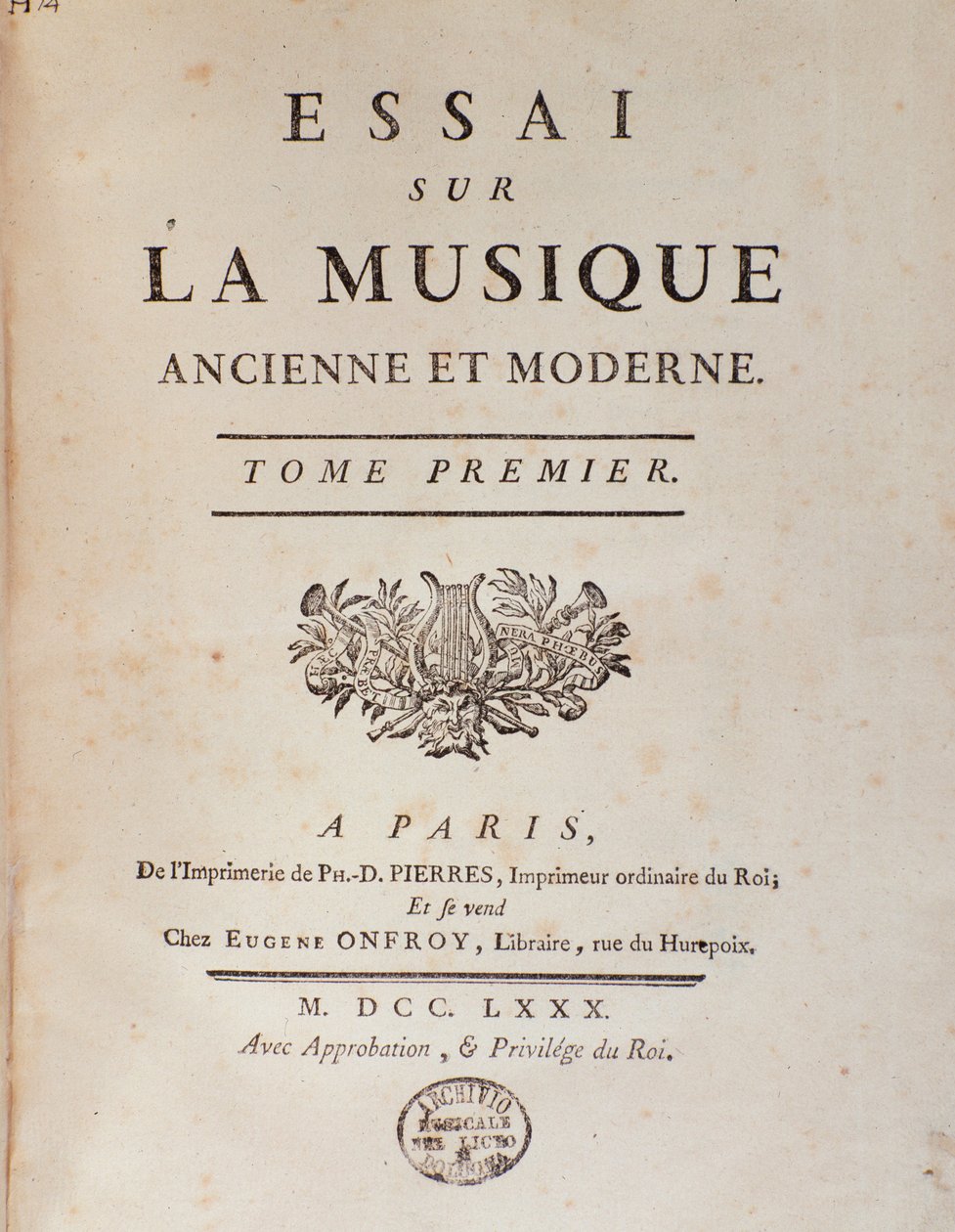 Frontispis „“Esej o staré a moderní hudbě““ od Jeana Benjamina de Laborde (Jean-Benjamin de La Borde) (1734-1794) 1780 Bologna, Civilo museo musicale od Unknown artist