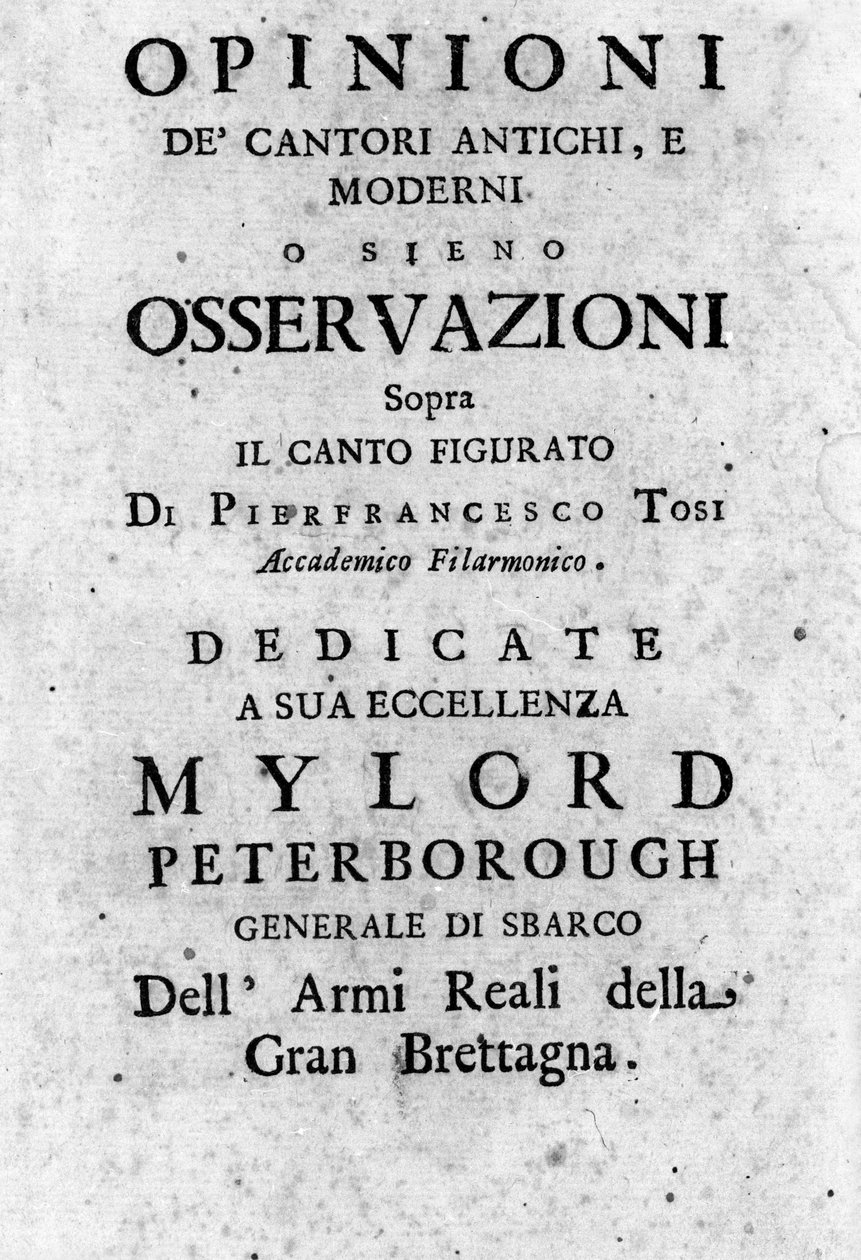 Frontispice of "" Názory starověkých i moderních zpěváků sledují postřehy k figurativnímu zpěvu "" Piera Francesca Tosiho (1653 - 1732), italského kastráta, skladatele a teoretika. 1723 od Unknown artist