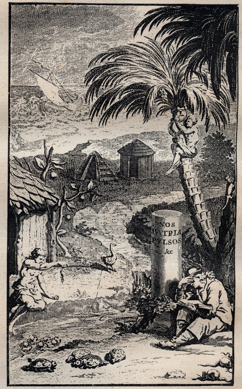 Frontispis knihy ""Cesty a dobrodružství Francoise Leguata a jeho společníků na dvou opuštěných ostrovech Východní Indie"" od Francoise Leguata (1637-1735), francouzský cestovatel - 1708 od Unknown artist
