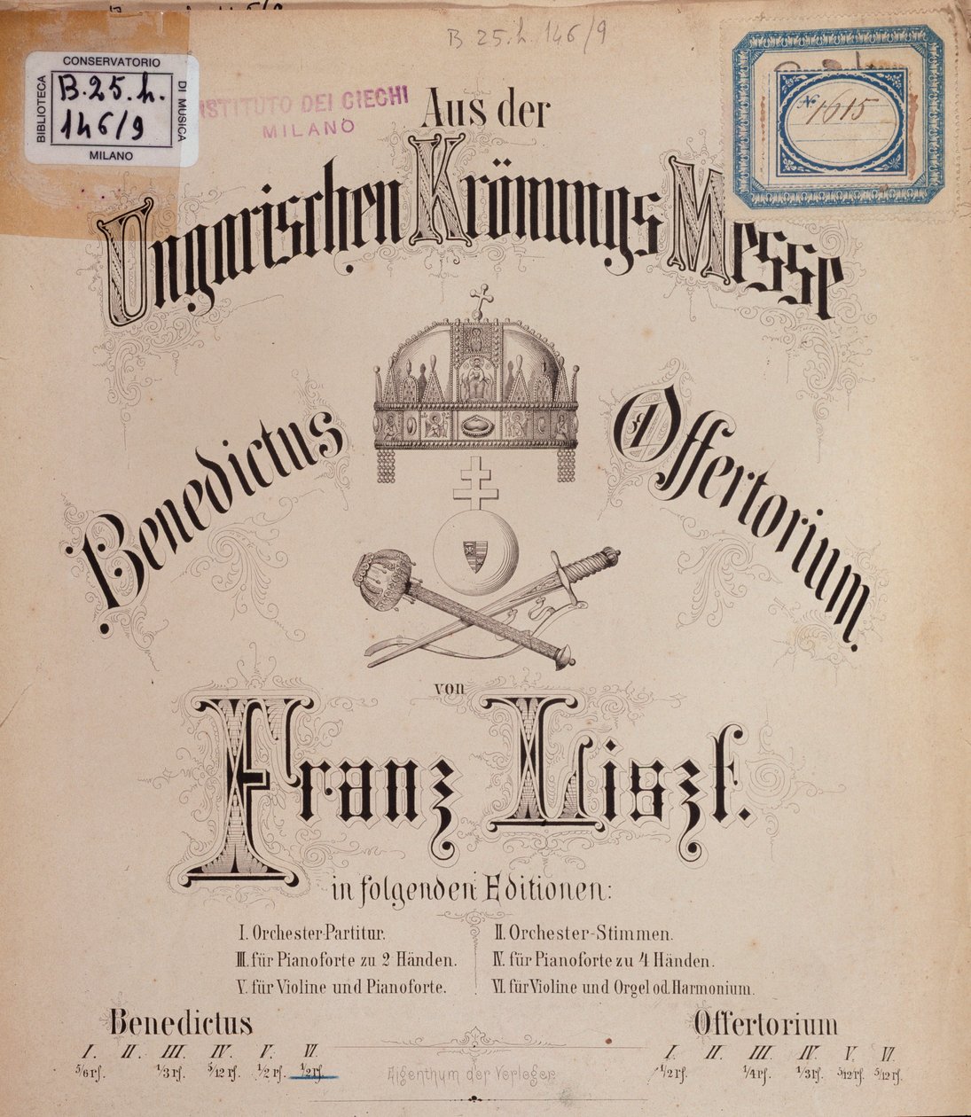 Frontispice partitury Maďarská korunovační mše od Liszta (19. století) od Unknown artist