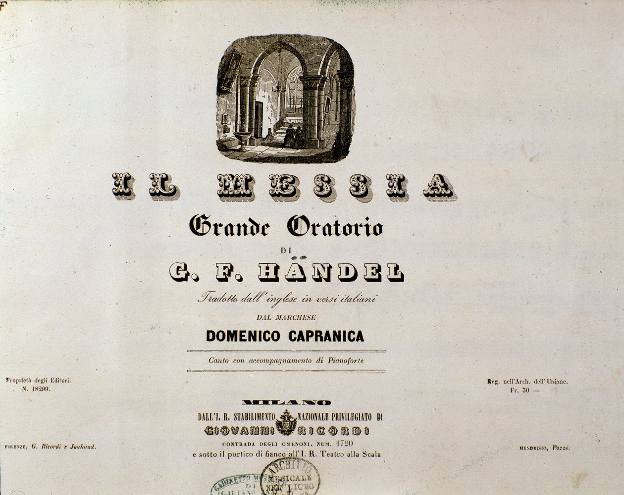 Frontispice partitury „Mesiáš“ (The Messiah) naturalizovaného anglického německého skladatele George Fredericka Händela (Georg Friedrich Handel od Unknown artist