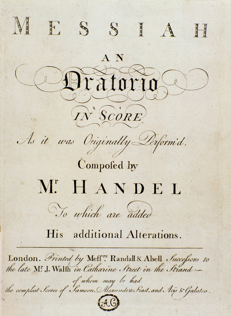Frontispice partitury „Mesiáš“ (The Messiah) naturalizovaného anglického německého skladatele George Fredericka Händela (Georg Friedrich Handel od Unknown artist