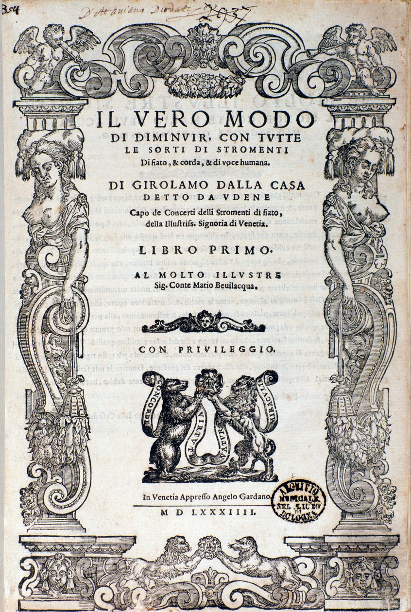 Frontispis "" Il vero modo di diminuir "" pojednání o zdobení od Girolama Dalla Casa od Unknown artist