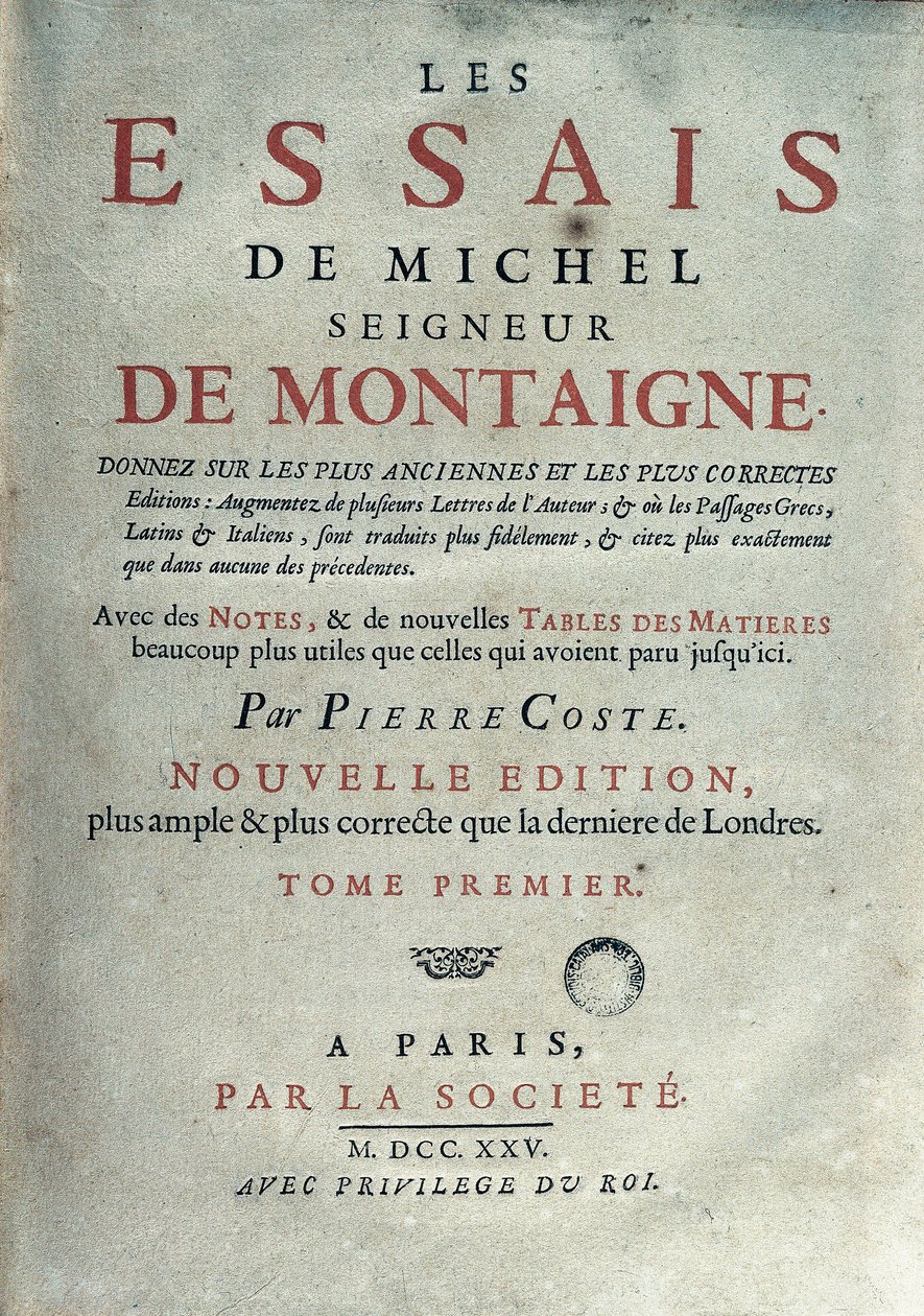 Frontispis "" Les essays "" francouzského spisovatele a humanisty Michela de Montaigne (1533-1592). 1725 v Barceloně. Biblioteca de Catalunya od Unknown artist